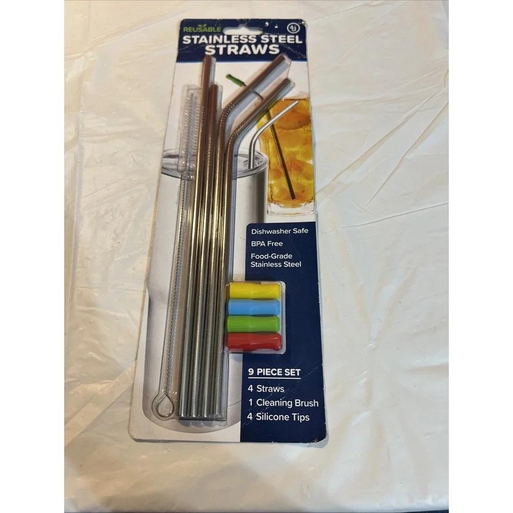 New Reusable Stainless Steel Straws 11 piece Set BPA Free w/Silicone Tips & Caps